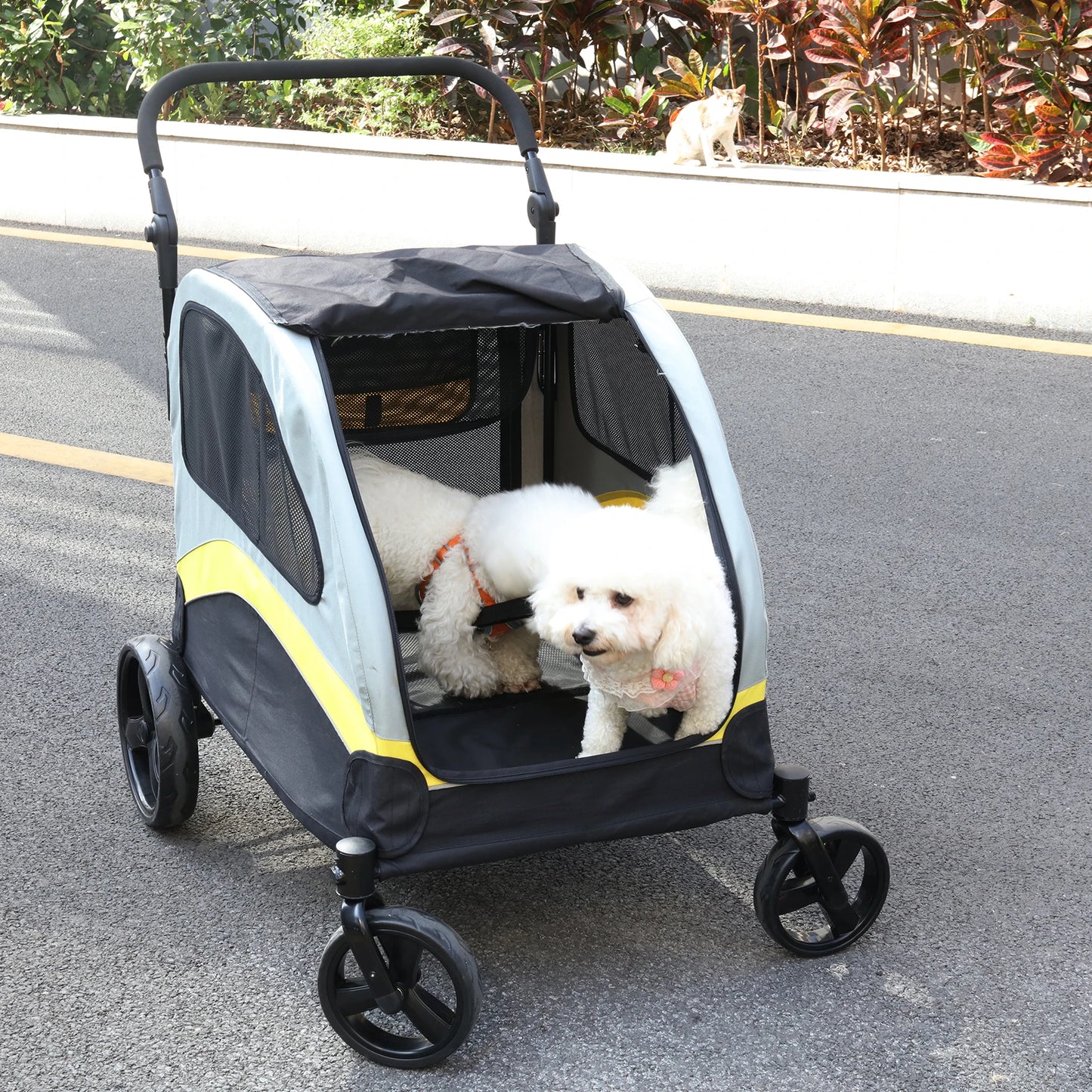Pet Stroller For Two Dogs With Folding Zipper Divider