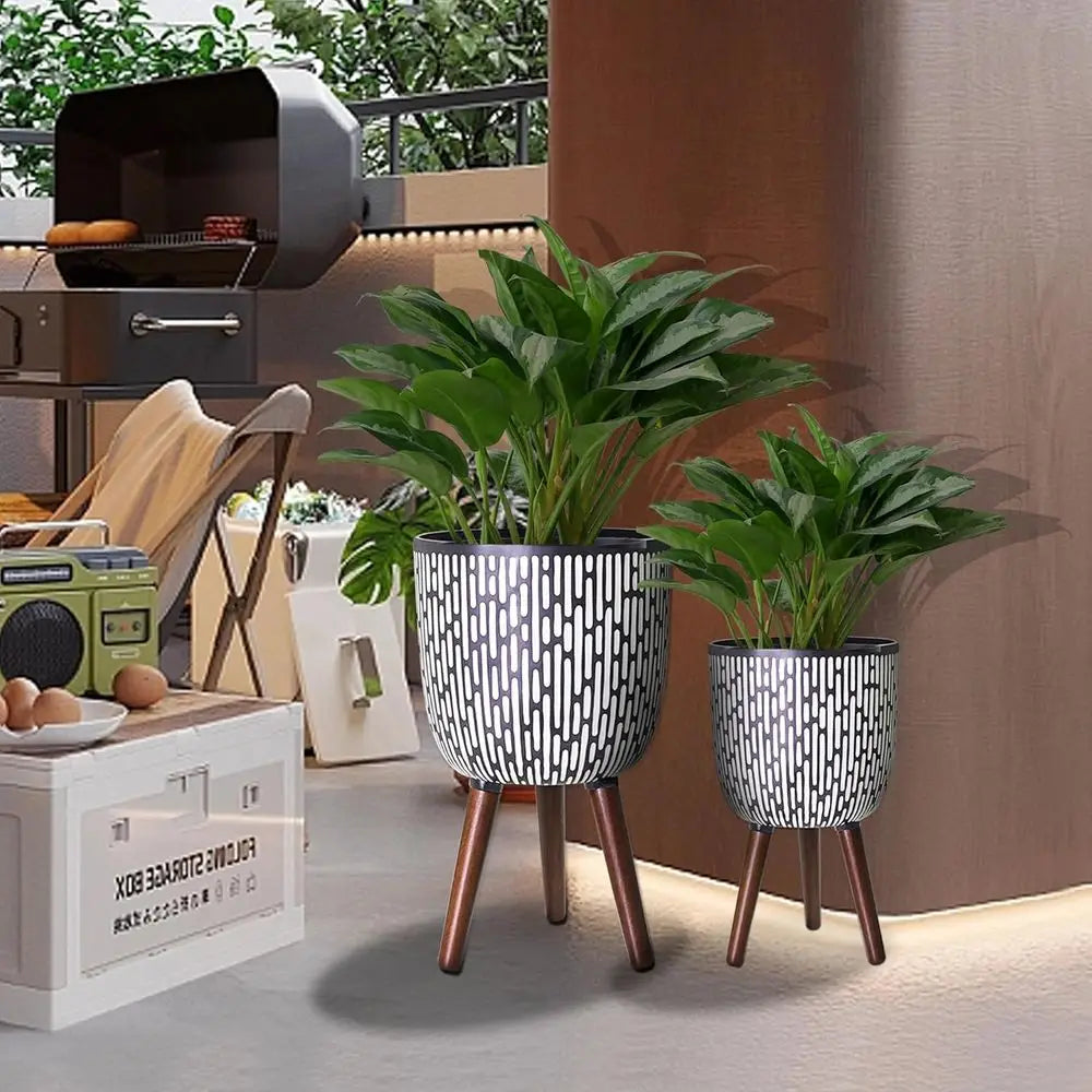Boho Plant Pot With Stand Two Pack Elevated Planter Drainage