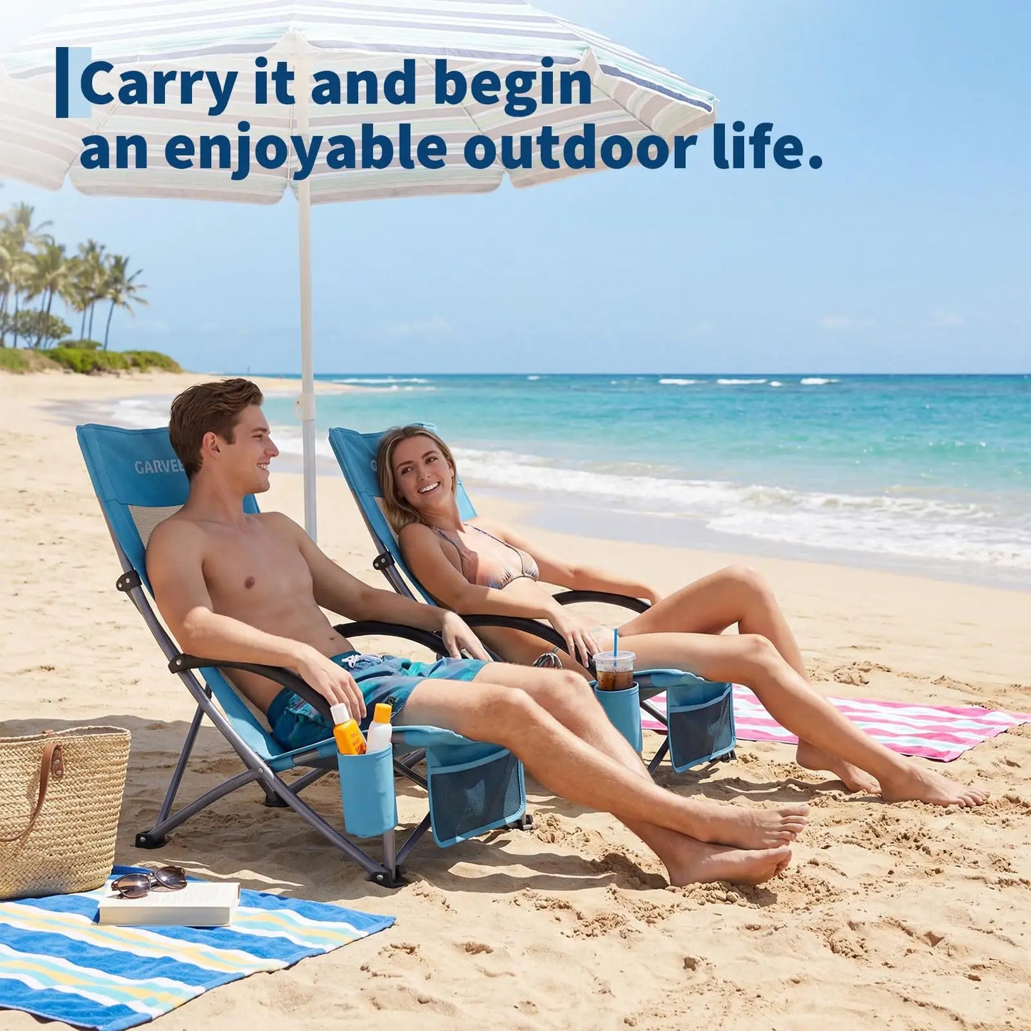 HiMISS Beach Chairs 2 Pack Folding Cup Holders Portable Outdoor