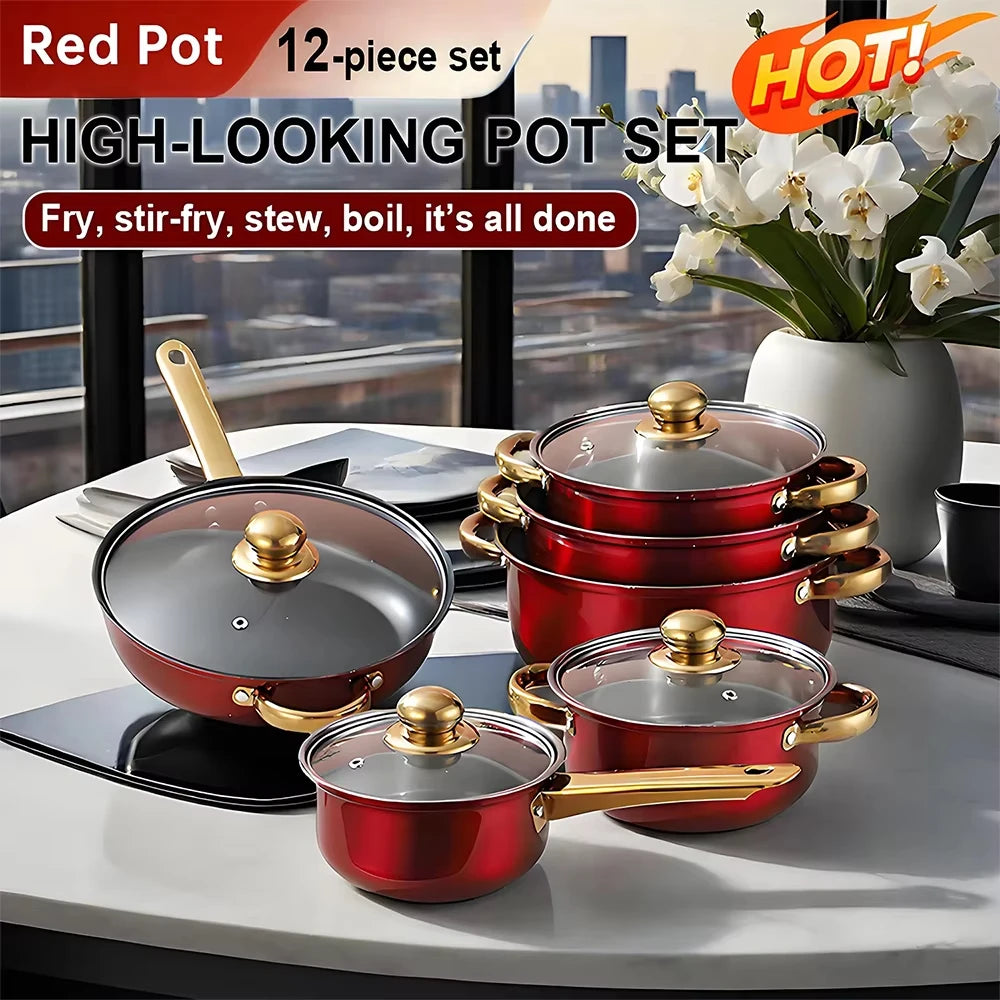 Stainless Steel Cookware Set With Nonstick Gold Plated Handles