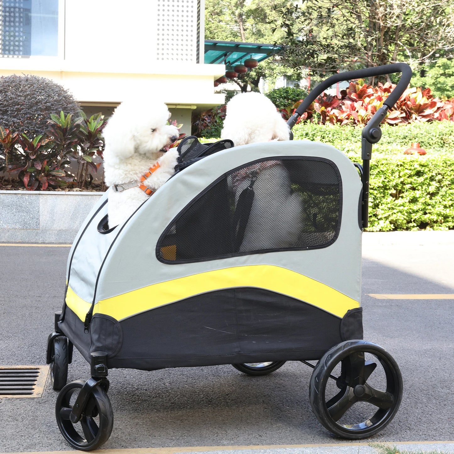 Pet Stroller For Two Dogs With Folding Zipper Divider