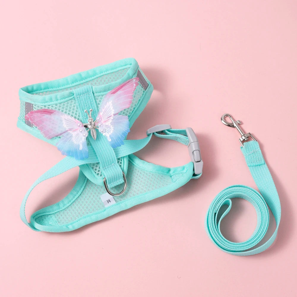 Breathable Cat And Small Dog Harness Set With Butterfly Design