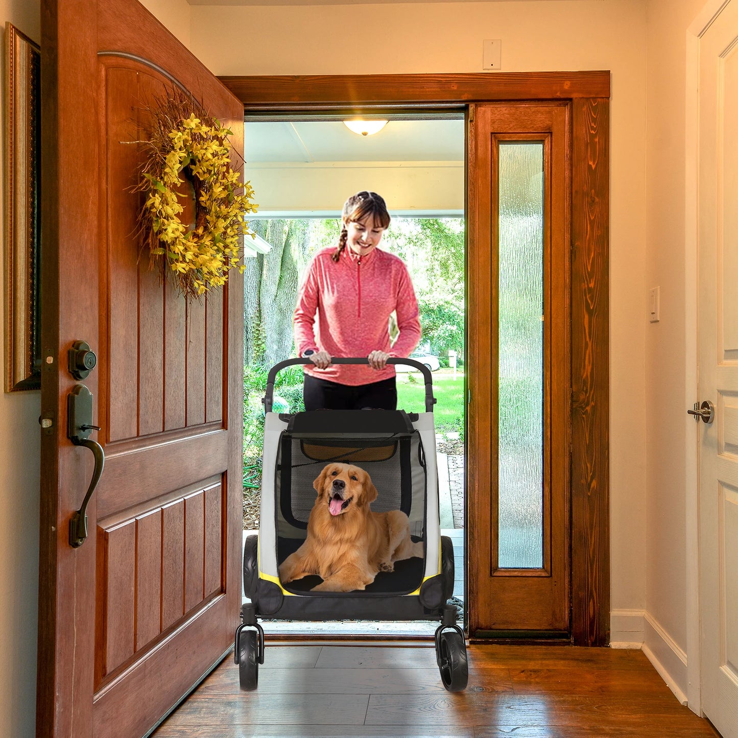 Pet Stroller For Two Dogs With Folding Zipper Divider