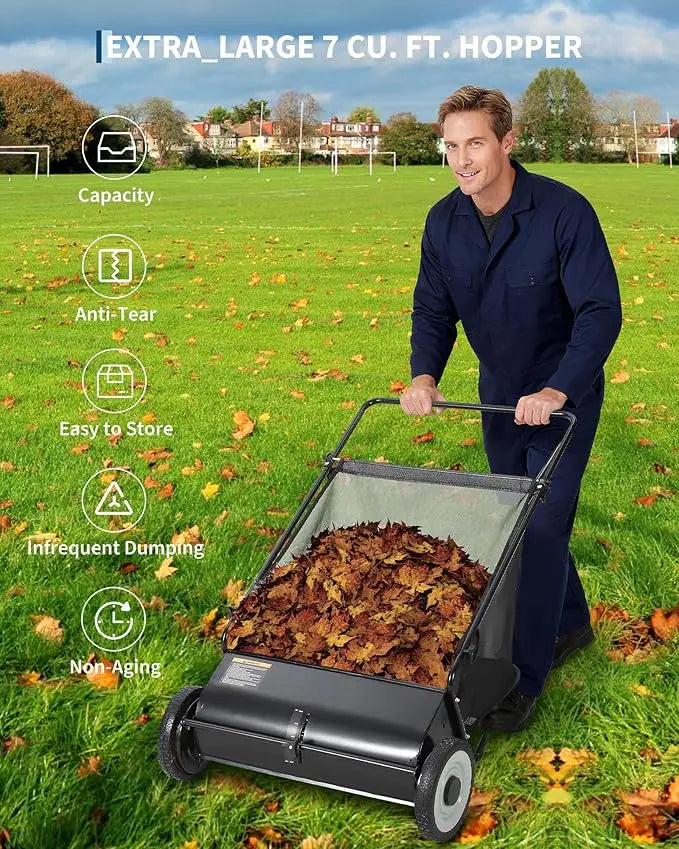 Push Lawn Sweeper With 7 Cu Ft Collection Bag And Durable Steel Frame