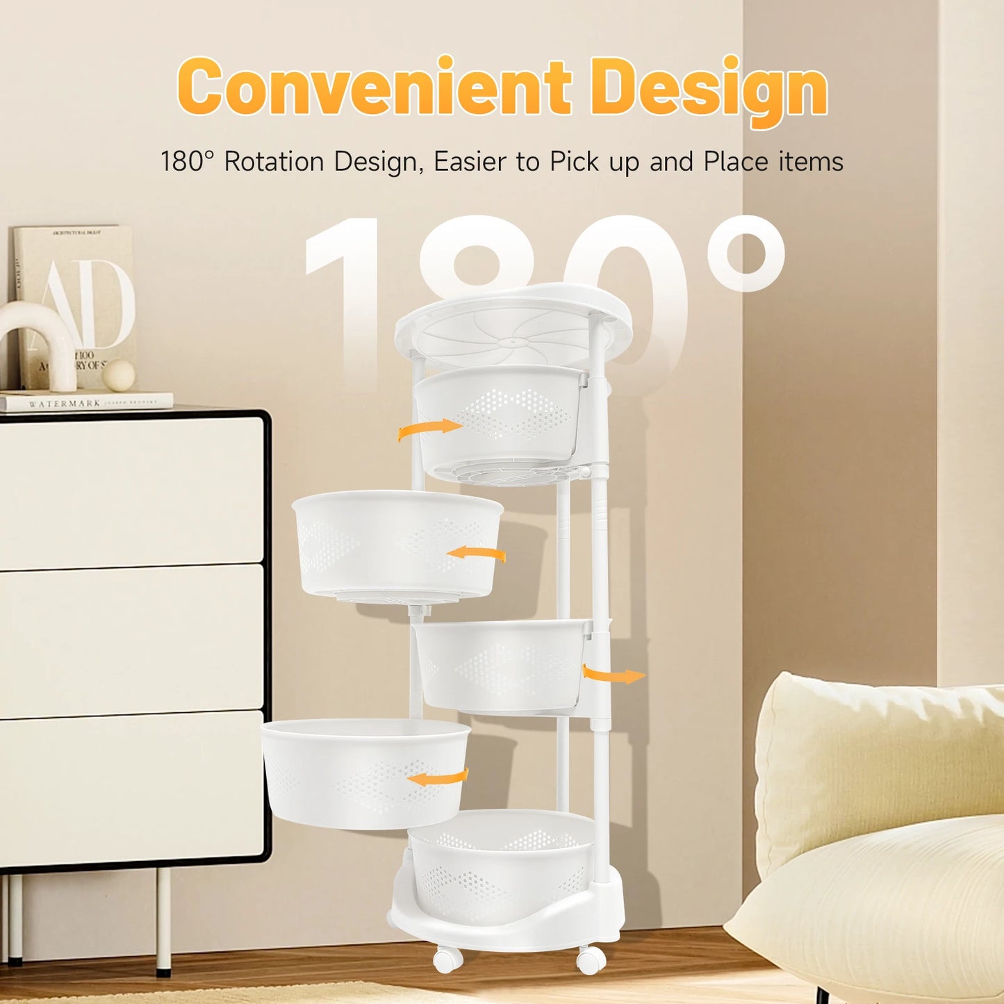 Bymaocar 5-Tier Rotating Storage Shelf With 180-Degree Swivel Casters
