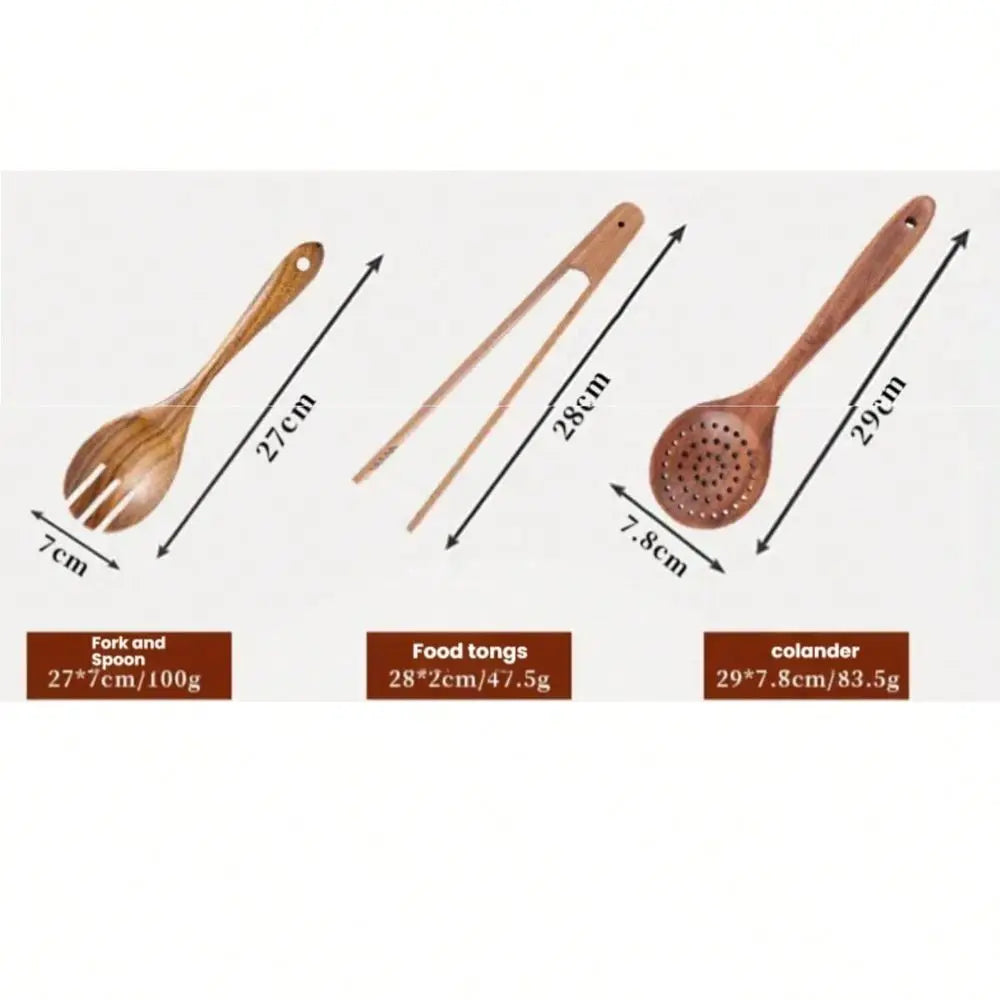 Natural Wooden Kitchen Utensil Set With Spoons Spatulas Tongs