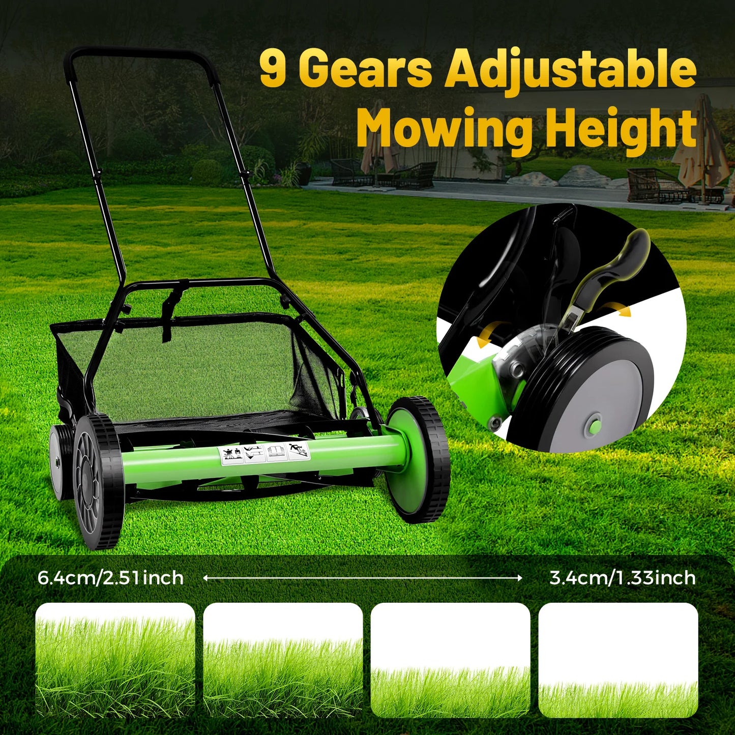 Push Reel Lawn Mower With Grass Catcher And Adjustable Height