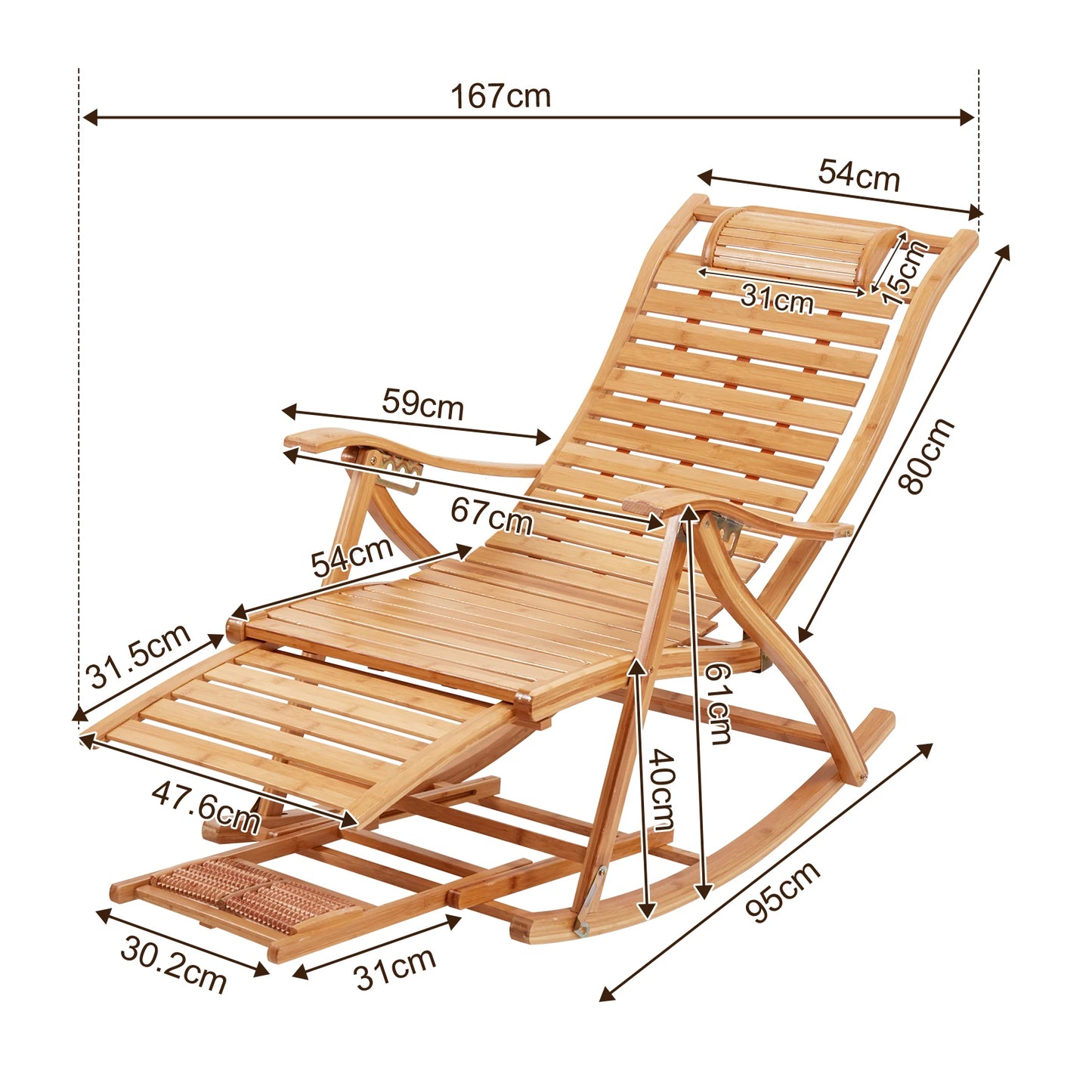 Heavy Duty Folding Rocking Chair Bamboo Outdoor Adjustable Sun Lounger