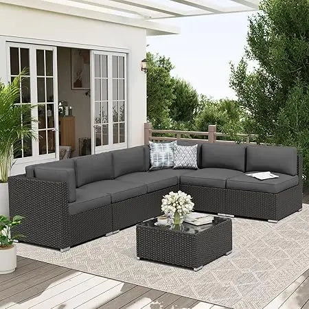 7 Piece Outdoor Patio Furniture Set With Glass Top Table