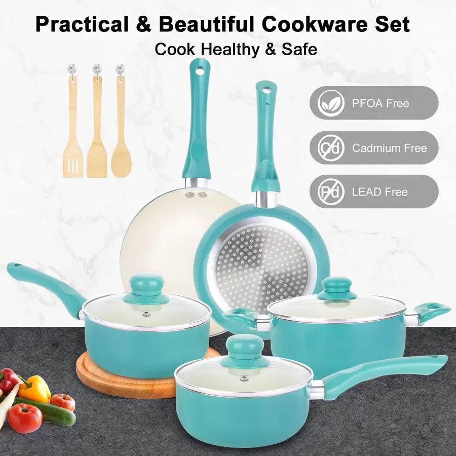 XMSJ 11 Piece Nonstick Ceramic Pots And Pans Cookware Set With Stay Cool Handles