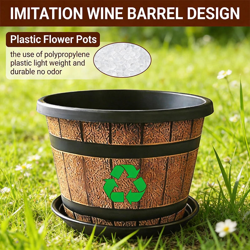 Indoor Resin Flower Planter Imitation Wooden Barrel for Balcony Decor