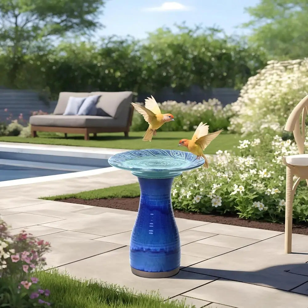 Glazed Ceramic Bird Bath for Outdoors with Pedestal