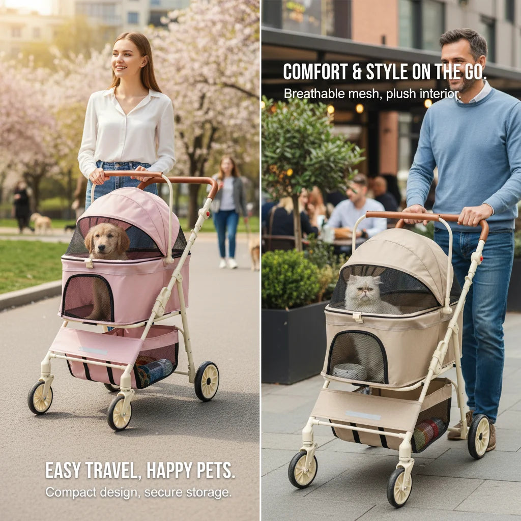 Foldable Double-Tier Pet Stroller With Removable Carrier