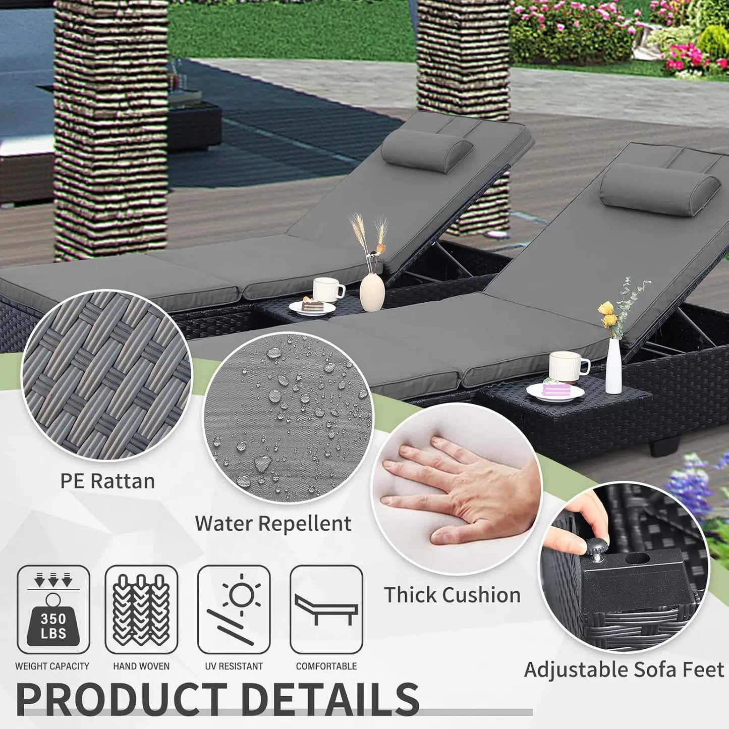 Adjustable Wicker Chaise Lounge Pair for Patio Cushions