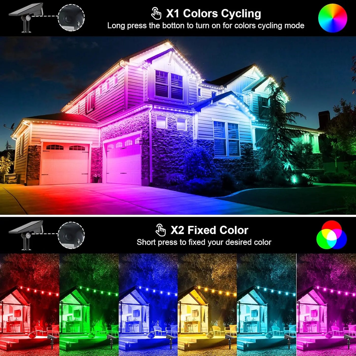T-SUNRISE 2pc Solar RGB LED Outdoor Spotlight IP65