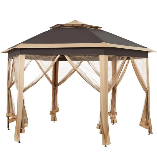 Pop Up Gazebo Hexagonal Outdoor Canopy With Double Tier Roof