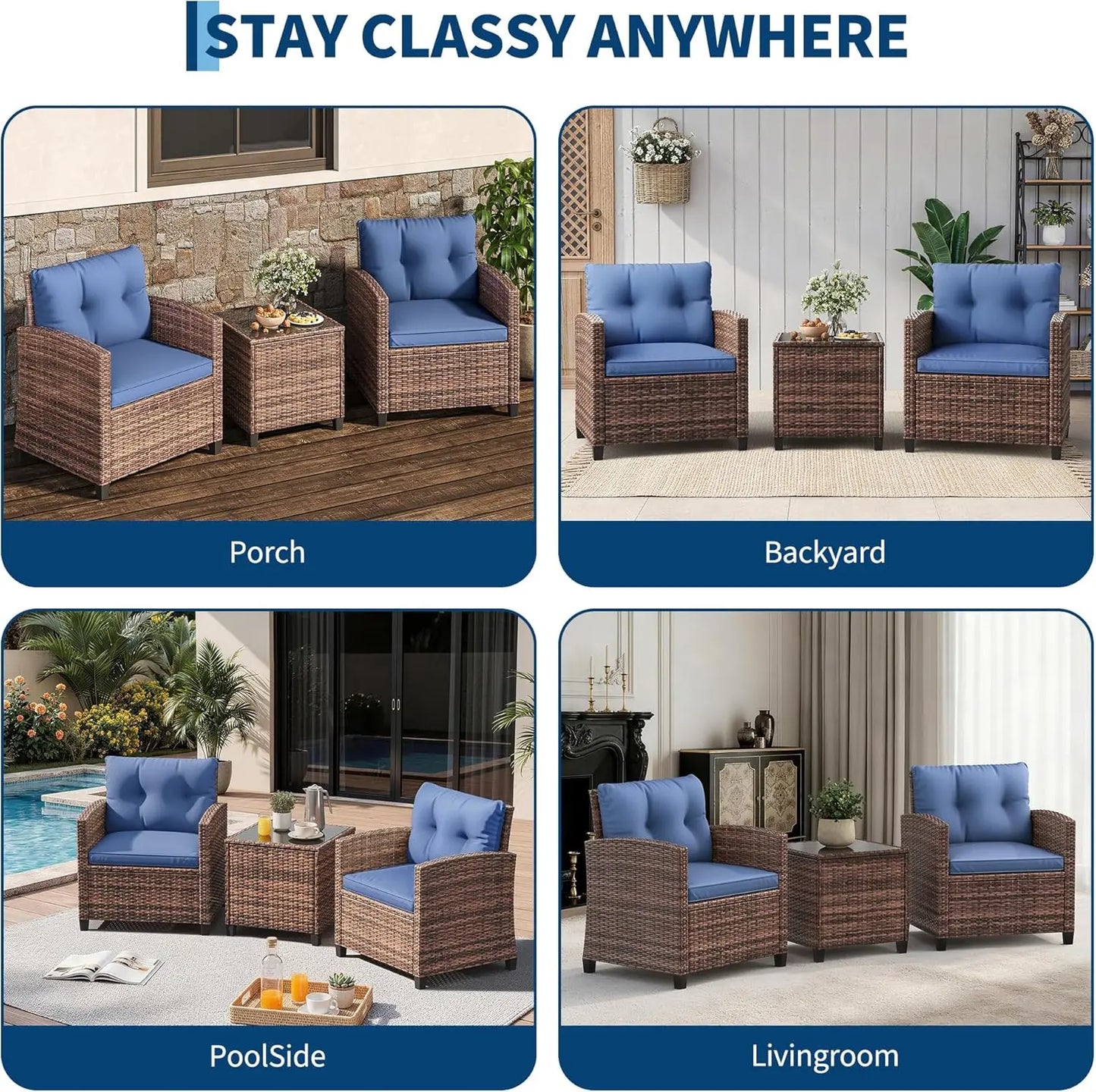 HiMISS Outdoor Patio Bistro Set Rattan Chairs And Side Table