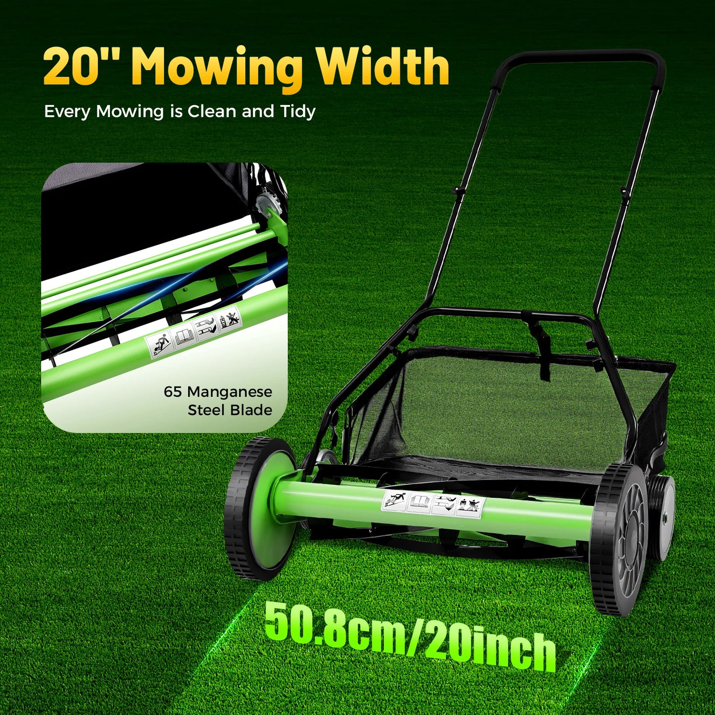 Push Reel Lawn Mower With Grass Catcher And Adjustable Height