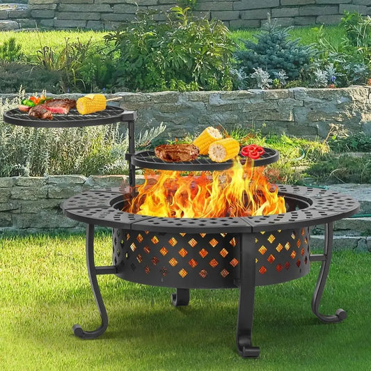 Round Metal Fire Pit With Dual Grills And Wood Burning