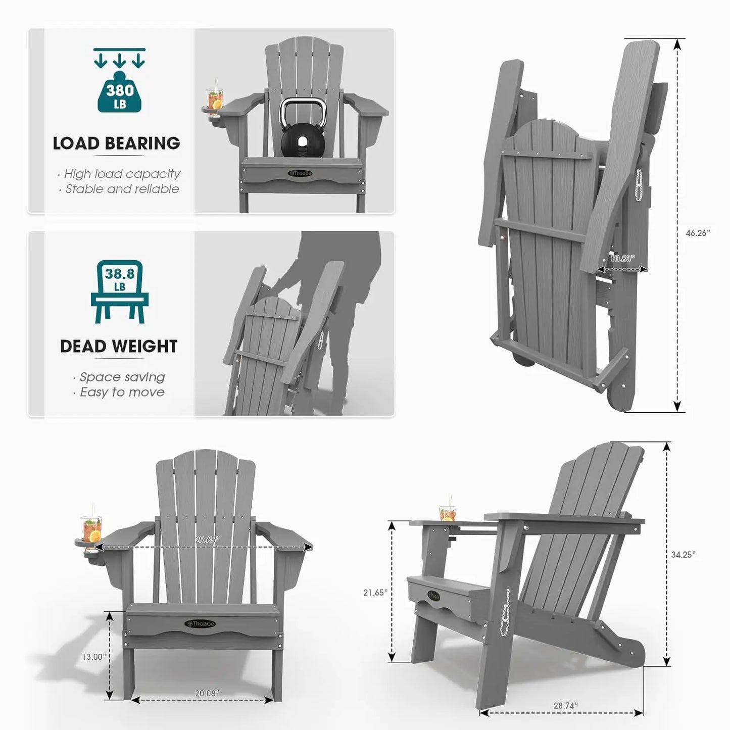 MOYU Folding Adirondack Chairs Outdoor All-Weather HDPE With Cup Holder