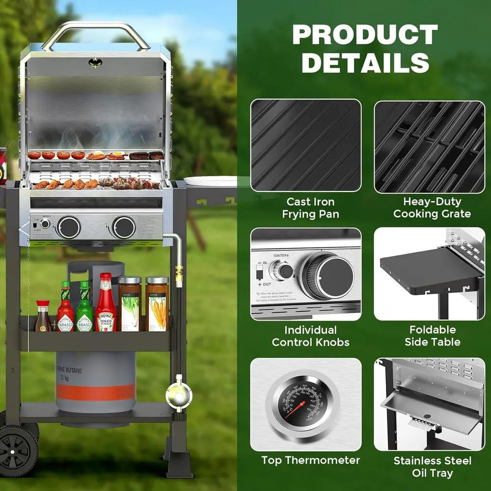 2-Burner Stainless Steel Gas Grill With Foldable Shelves