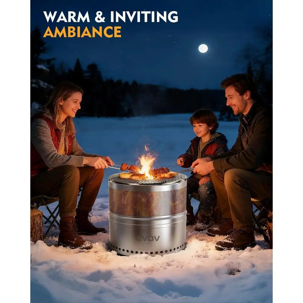 Hollow-Carved Airflo Smokeless Firepit With Grill And Removable Ash Pan