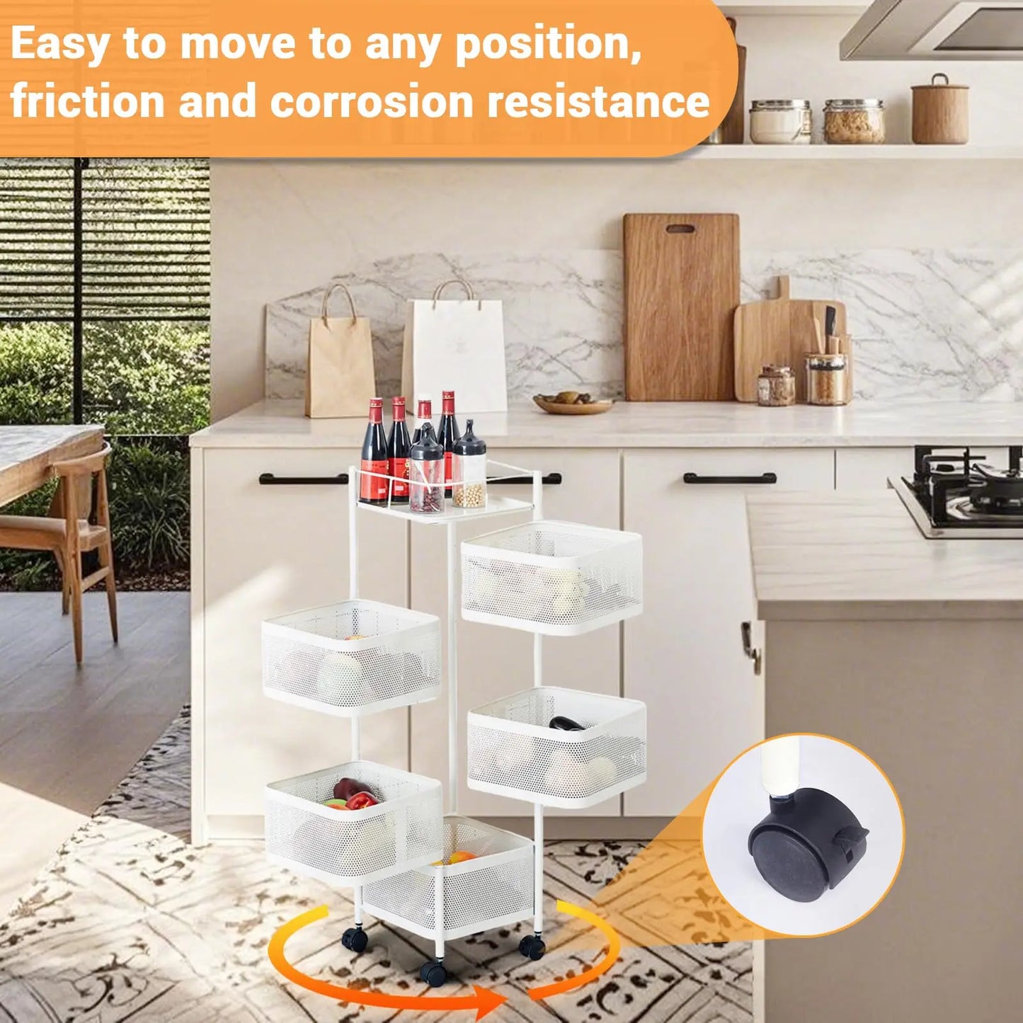 HiMISS 5-Tier Rolling Storage Cart With Rotating Baskets 360 Degree
