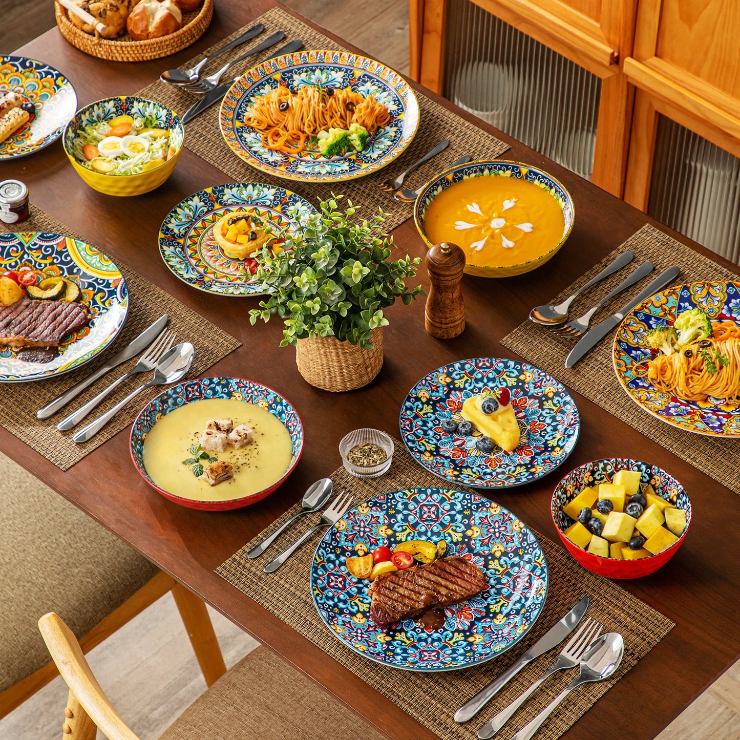 MALACASA Ceramic Dinnerware Set Bohemian Style For 6