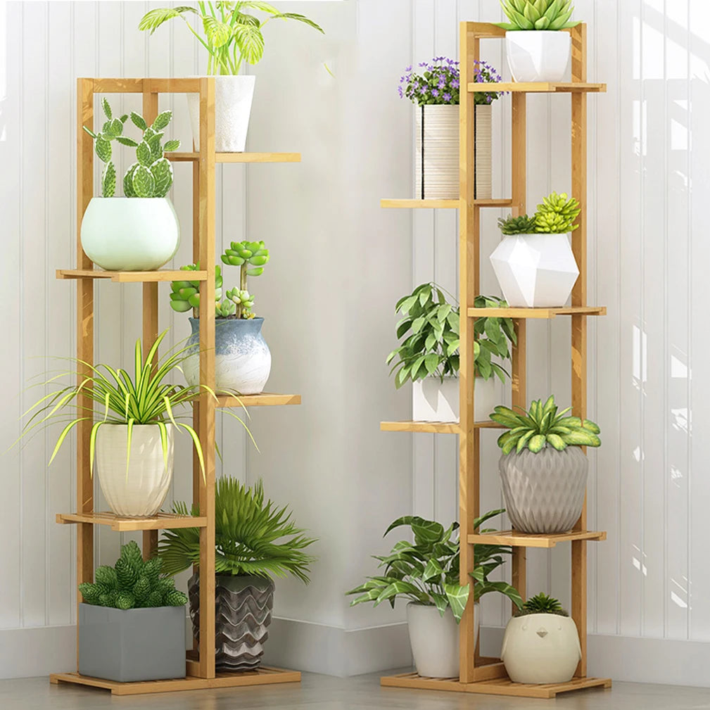 Bamboo Multi Tier Plant Stand Vertical Corner Shelf For Indoor Outdoor Use
