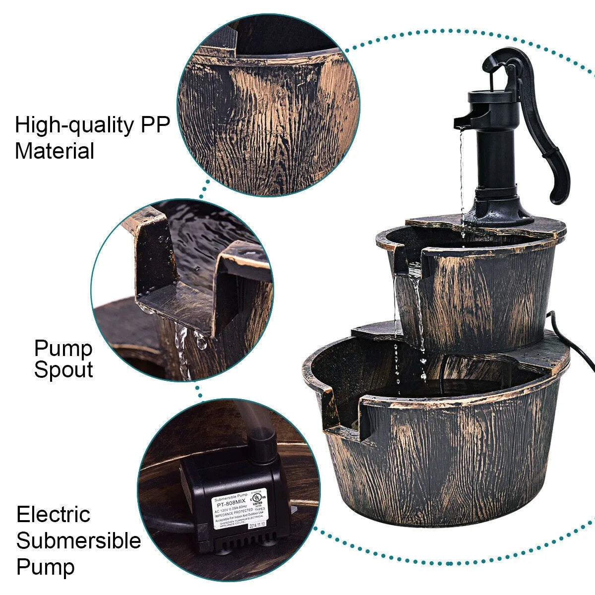 Unbrand 2 Tier Barrel Waterfall Fountain Pump For Outdoor Garden