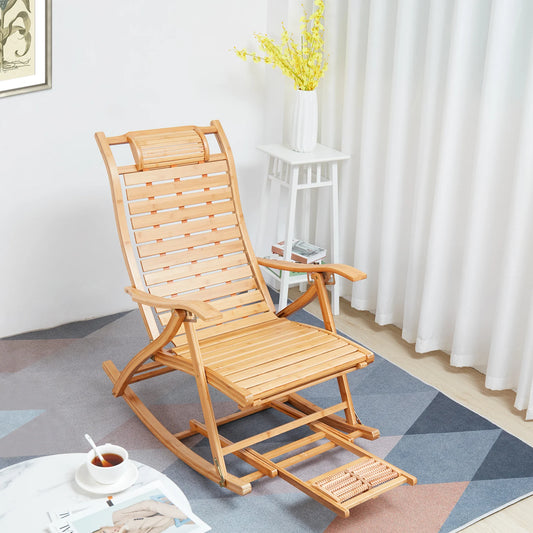 Heavy Duty Folding Rocking Chair Bamboo Outdoor Adjustable Sun Lounger