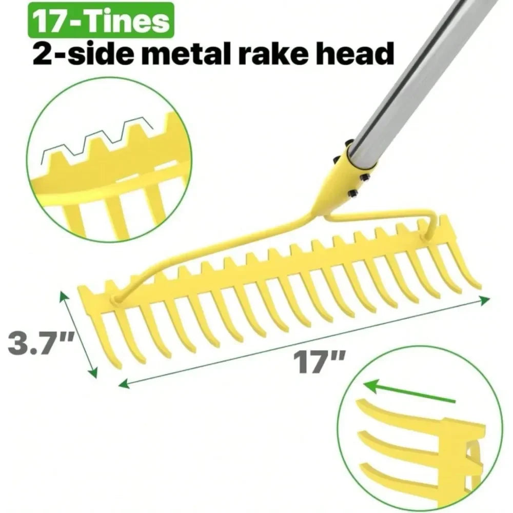 Heavy Duty Bow Rake for Leaves, 17 Tines, Metal Handle