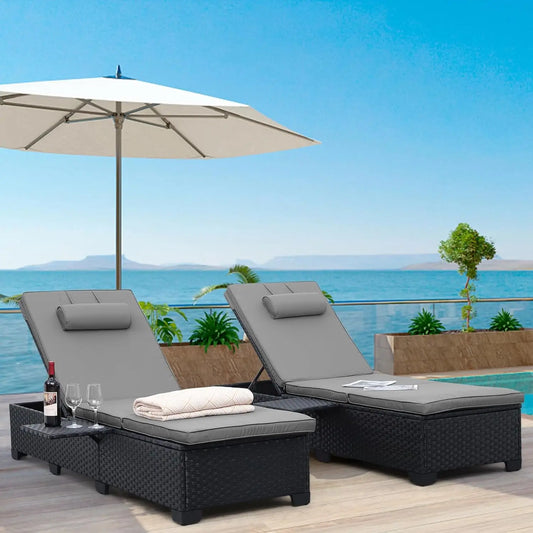Adjustable Wicker Chaise Lounge Pair for Patio Cushions
