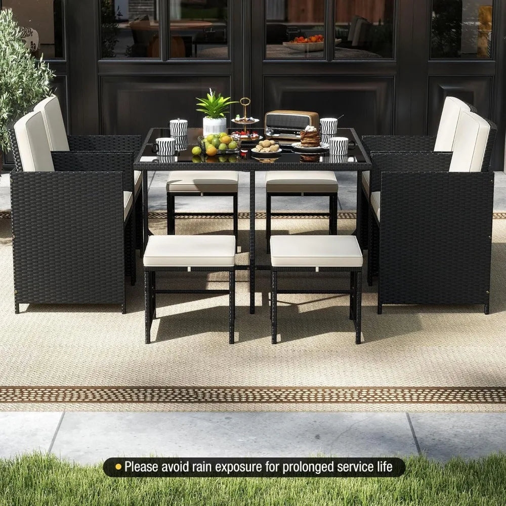 Patio Dining Set With Rattan Chairs And Tempered Glass Table And Ottoman