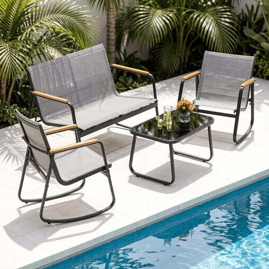 PIYRQ Outdoor Patio Furniture Rattan Conversation Chairs With Glass Table