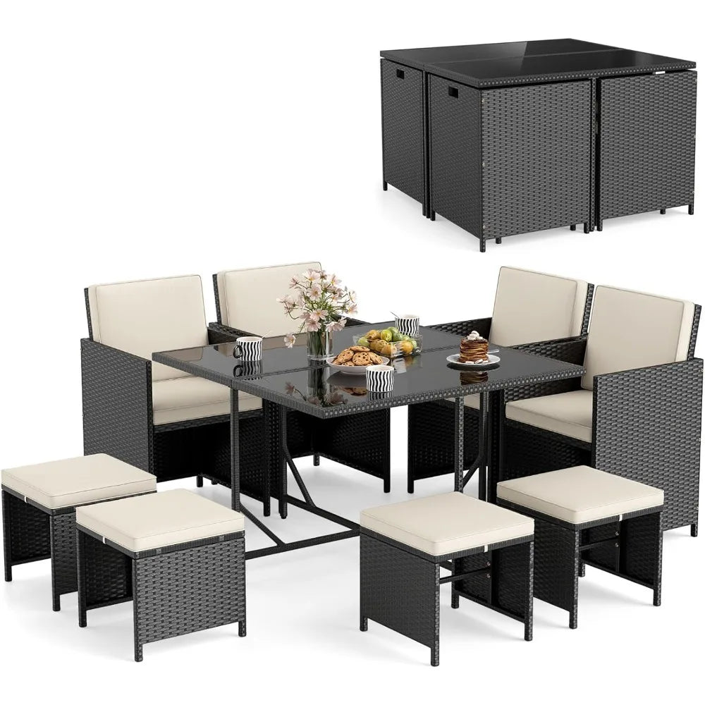 Patio Dining Set With Rattan Chairs And Tempered Glass Table And Ottoman