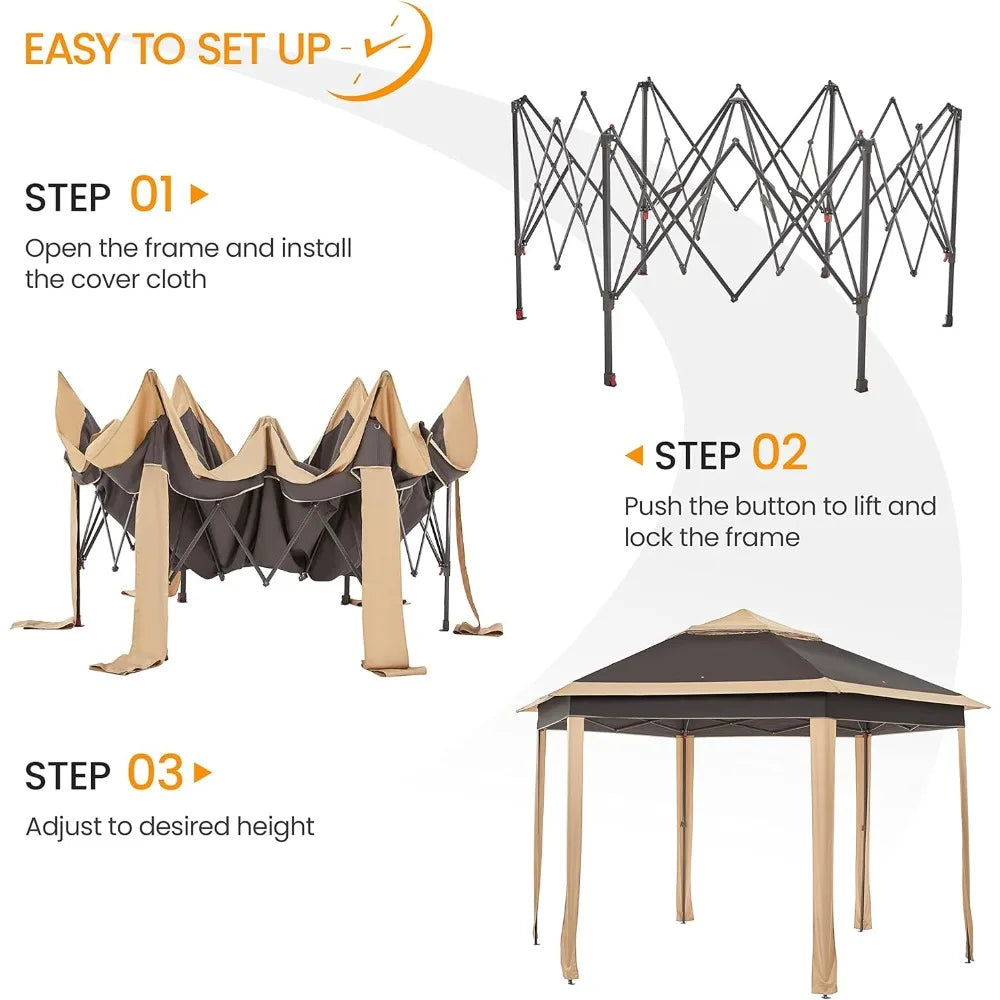 Pop Up Gazebo Hexagonal Outdoor Canopy With Double Tier Roof