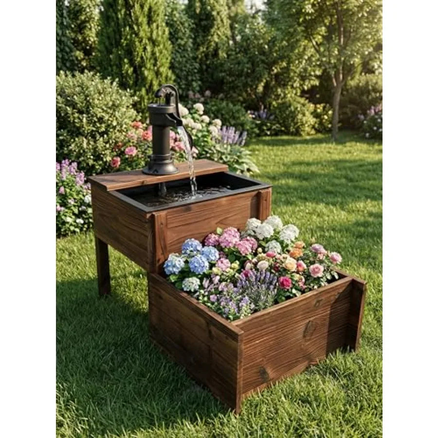 Outdoor Wooden Floor Fountain With Double-Layer Pump And Flower Box