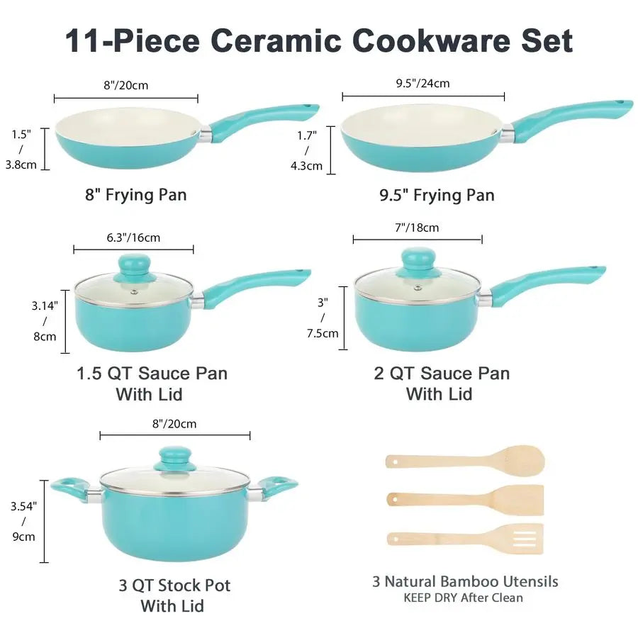 XMSJ 11 Piece Nonstick Ceramic Pots And Pans Cookware Set With Stay Cool Handles