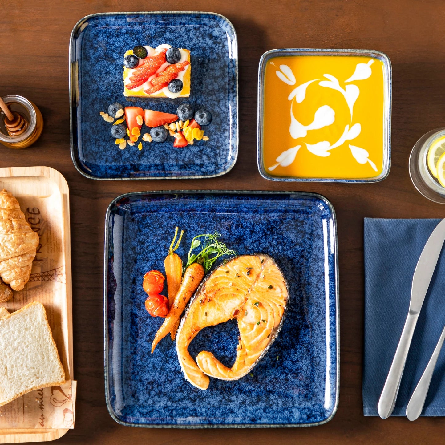 MALACASA Ceramic Dinner Set Square Reactive Glaze Dinnerware