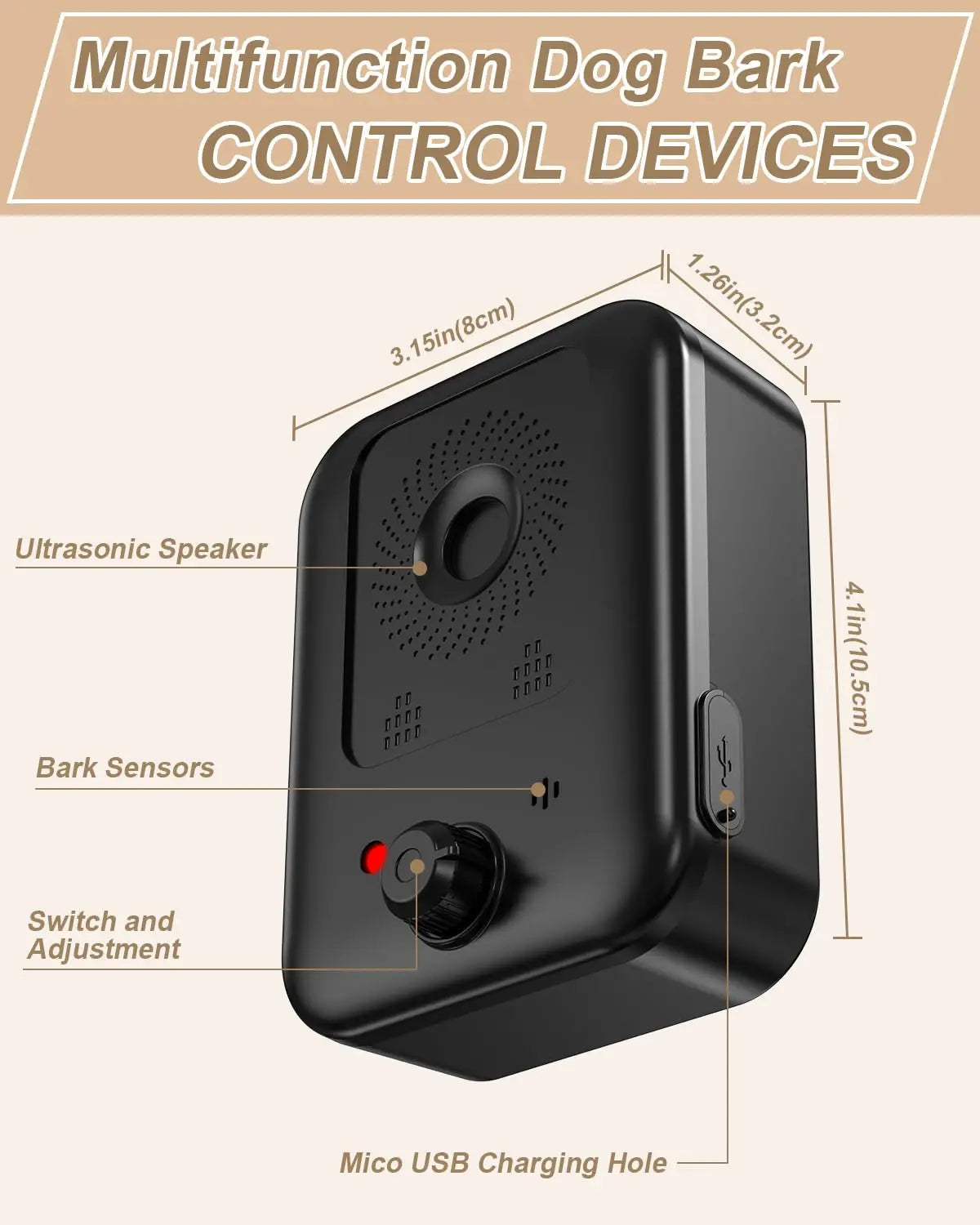 PetEdu Automatic Bark Deterrent Device Ultrasonic Rechargeable Indoor Outdoor