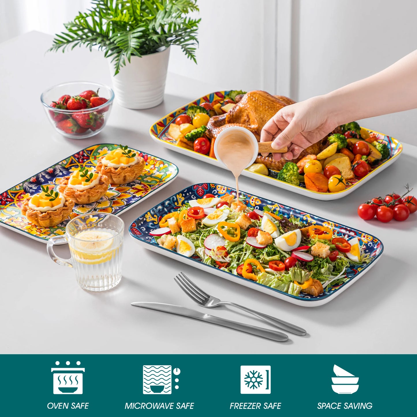MALACASA Ceramic Rectangular Plates Set For Salad Dessert Oven Safe