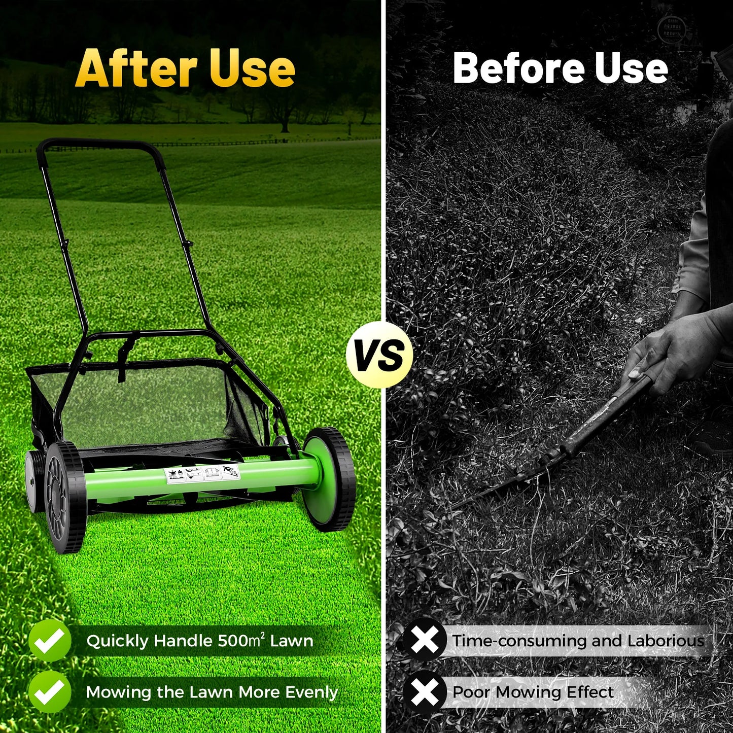 Push Reel Lawn Mower With Grass Catcher And Adjustable Height