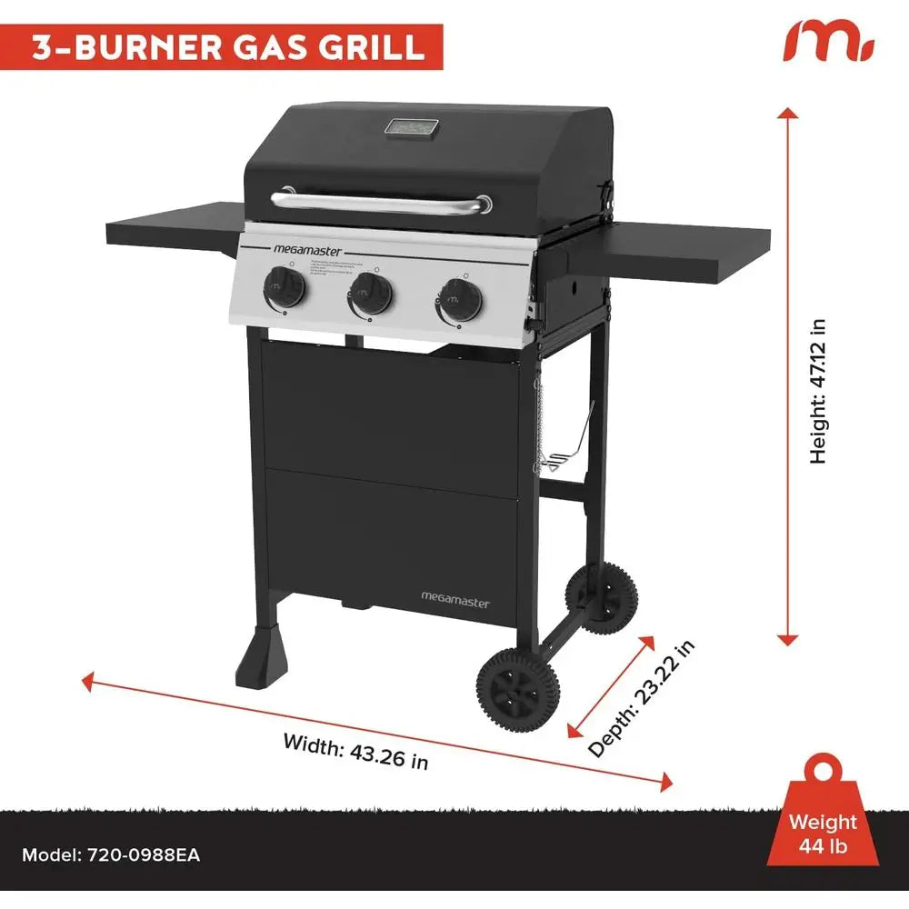 3 Burner Propane Gas Grill With Folding Side Tables