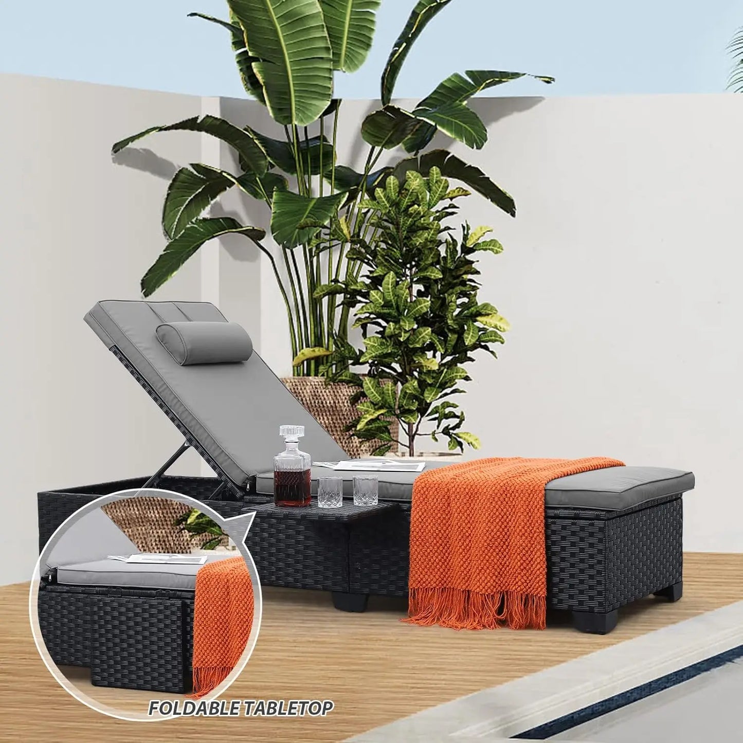 Adjustable Wicker Chaise Lounge Pair for Patio Cushions