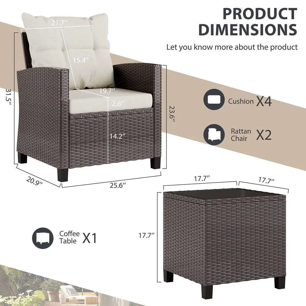 3 Piece Patio Wicker Rattan Bistro Set With Cushioned Chairs