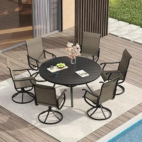 Outdoor Patio Dining Set for 6 with Round Table and Umbrella Hole