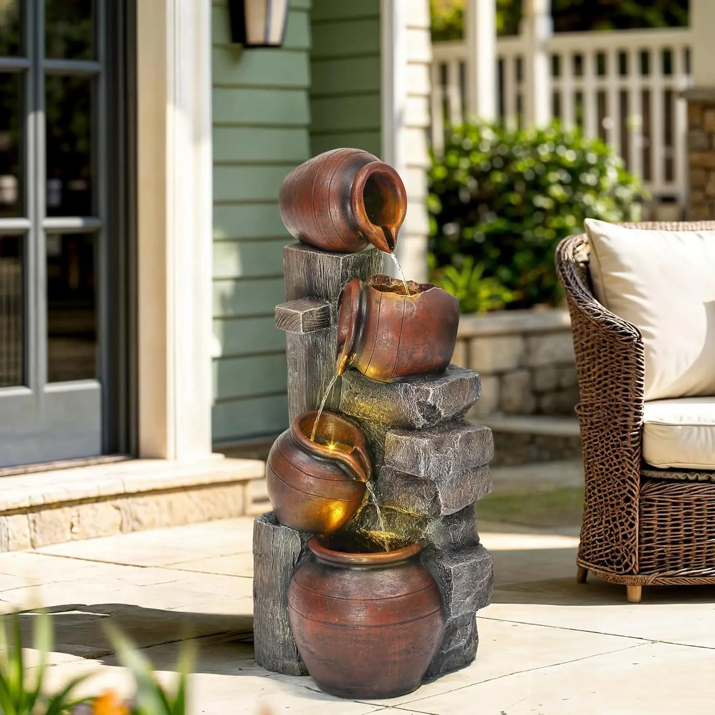 Outdoor Water Fountain With LED Lights And Pump Cascading Pitchers