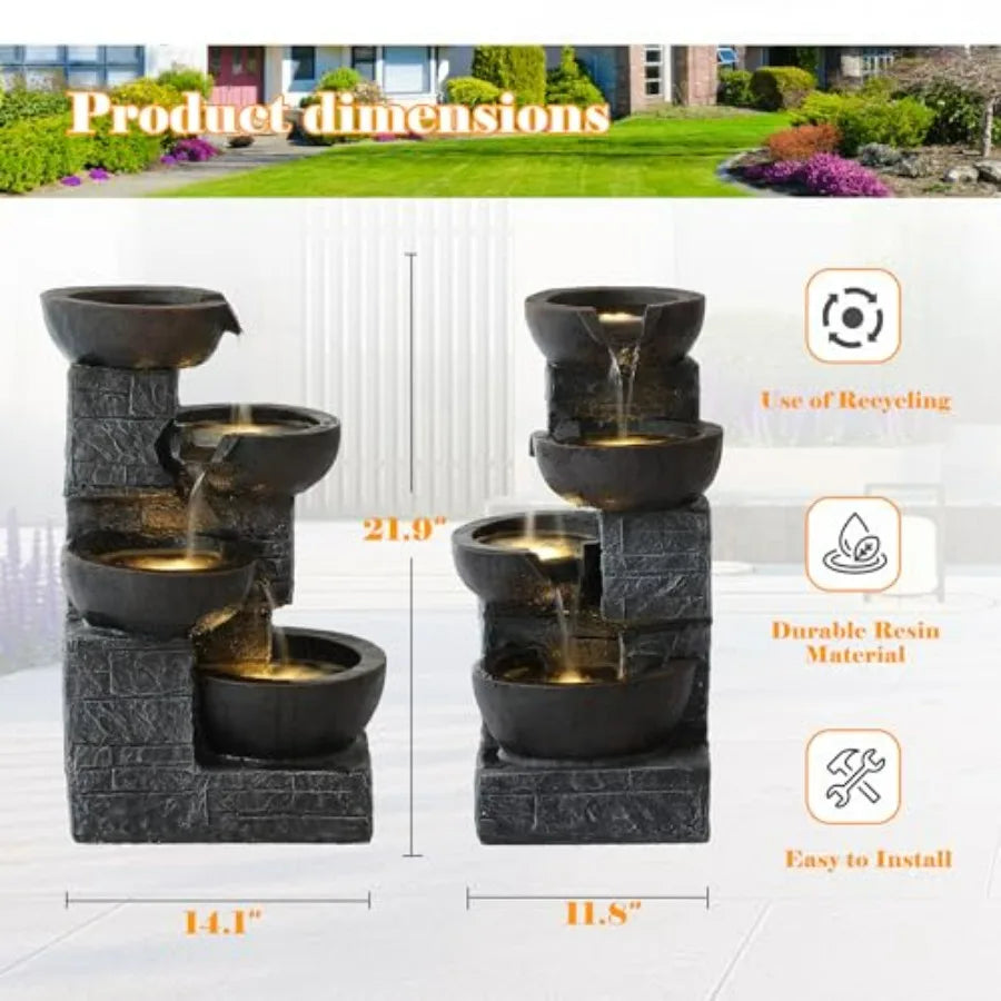 Outdoor Cascading Water Fountain With Four Tiers And LED Lights