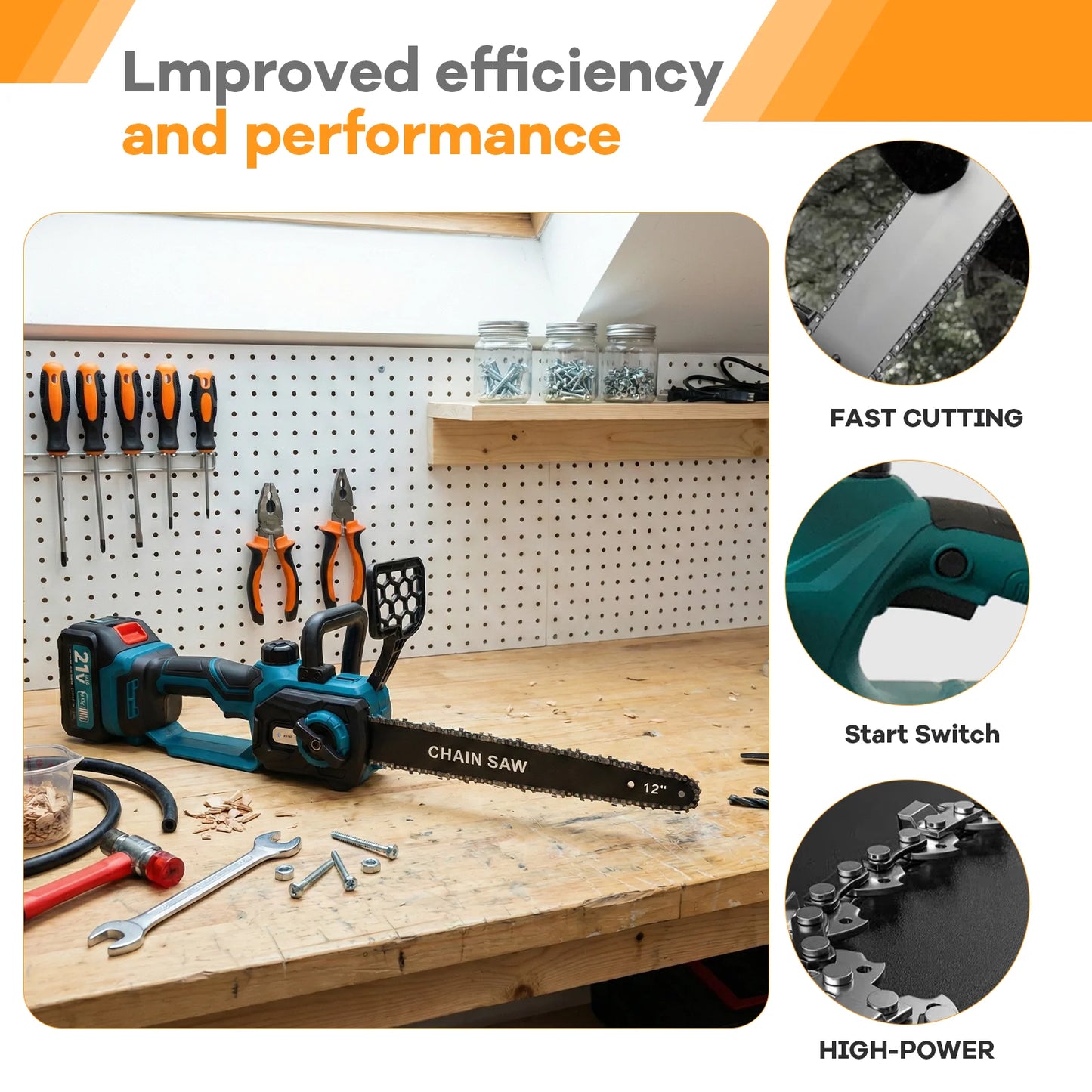 XYSD Cordless Electric Chainsaw 21V With 2x3000mAh Batteries